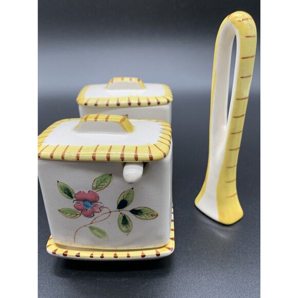 Vintage Floral Flowers Jam Jelly condiment jar Spoons and Handled Tray Yellow - Picture 7 of 7